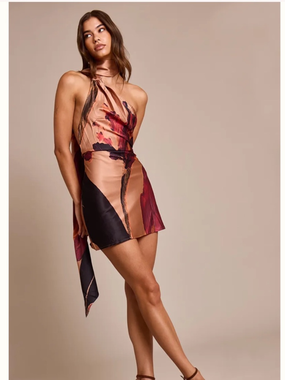 Painted Floral Satin Mini Dress - Gold, Burgundy & Black